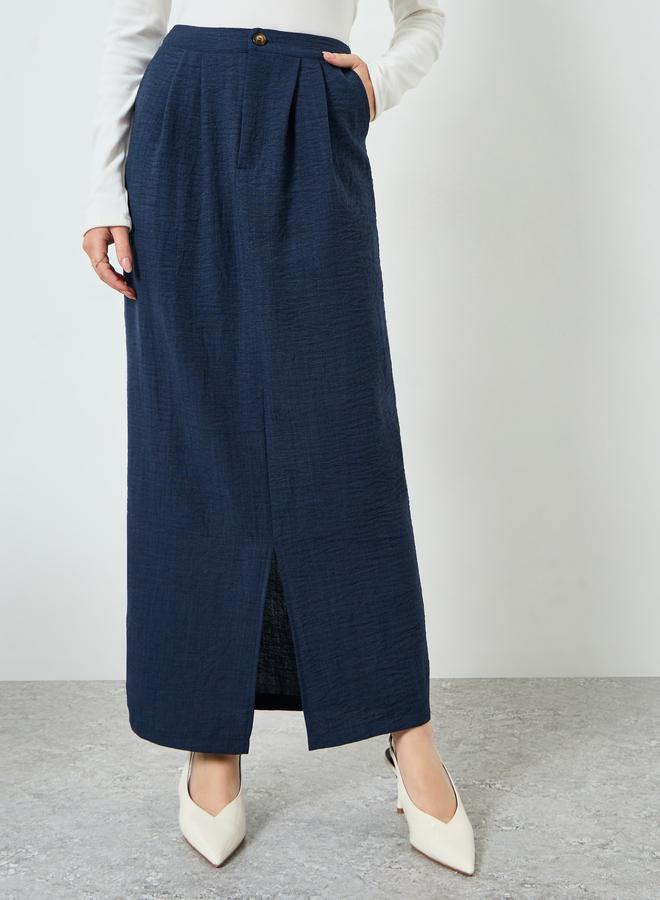 Styli Navy Blue A-Line Maxi Skirt with Slit - Image 1